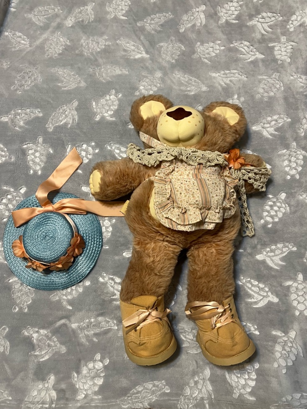 Hattie Furskin   Brown Plush Bear with Blue Straw Hat, apron, scarf and boots.